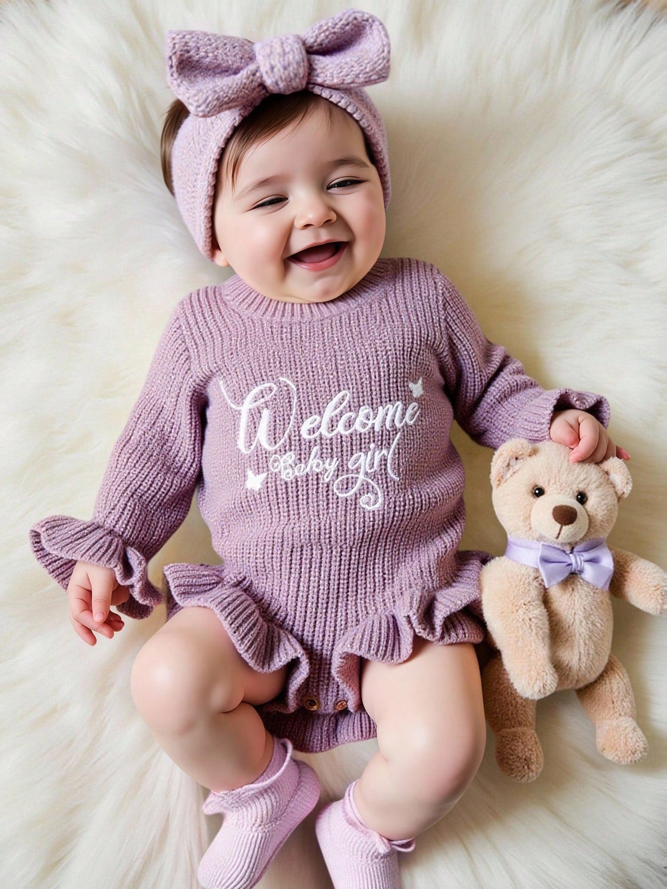 2Pcs Set Knitting Newborn Ruffle Romper With Bow Headband Butterfly "Welcome" Embroidery Newborn Baby Photography Outfits