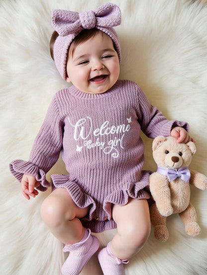 2Pcs Set Knitting Newborn Ruffle Romper With Bow Headband Butterfly "Welcome" Embroidery Newborn Baby Photography Outfits