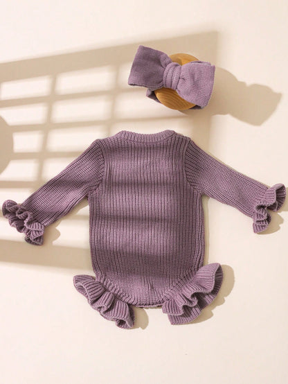 2Pcs Set Knitting Newborn Ruffle Romper With Bow Headband Butterfly "Welcome" Embroidery Newborn Baby Photography Outfits