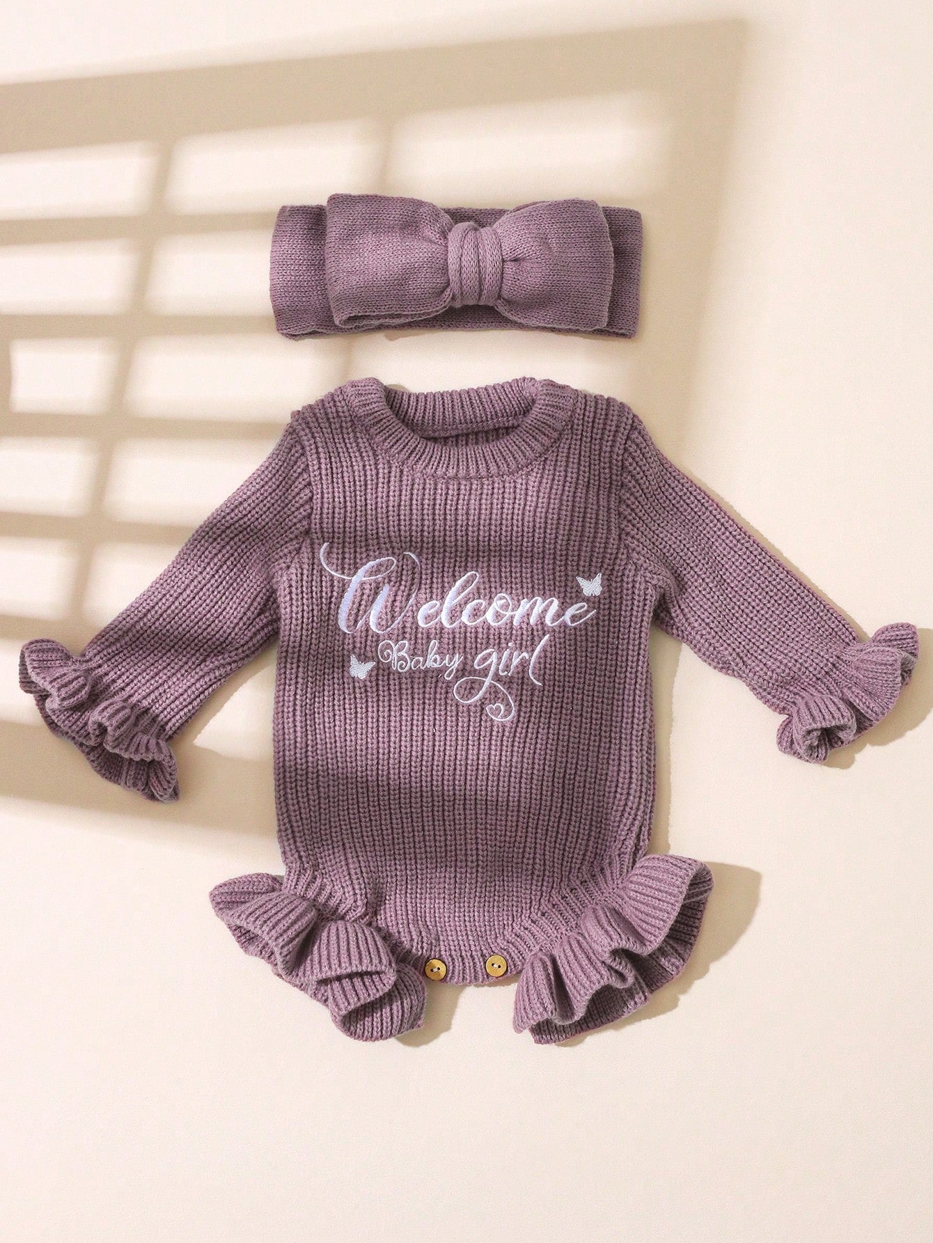 2Pcs Set Knitting Newborn Ruffle Romper With Bow Headband Butterfly "Welcome" Embroidery Newborn Baby Photography Outfits