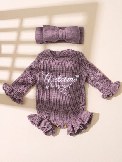 2Pcs Set Knitting Newborn Ruffle Romper With Bow Headband Butterfly "Welcome" Embroidery Newborn Baby Photography Outfits