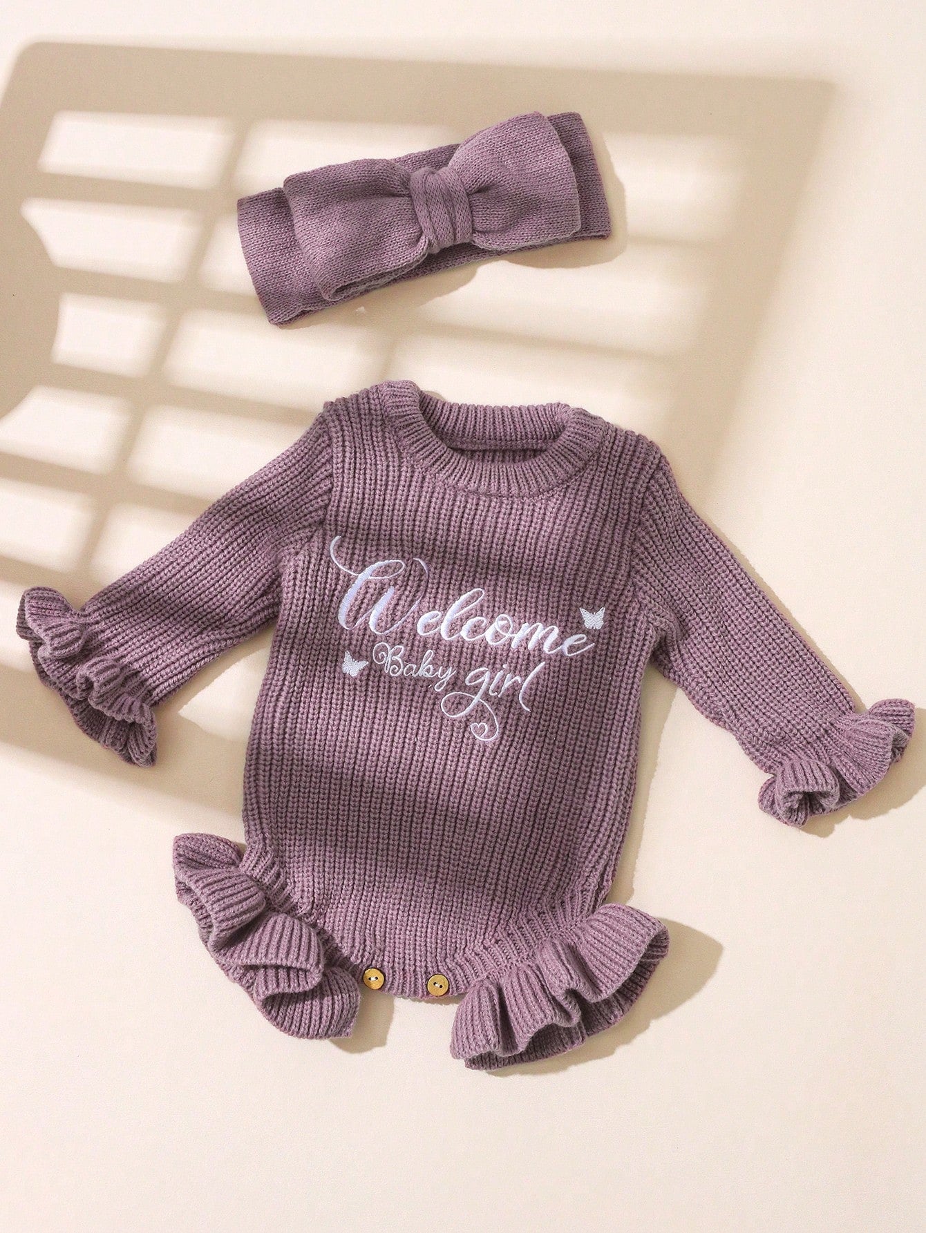 2Pcs Set Knitting Newborn Ruffle Romper With Bow Headband Butterfly "Welcome" Embroidery Newborn Baby Photography Outfits