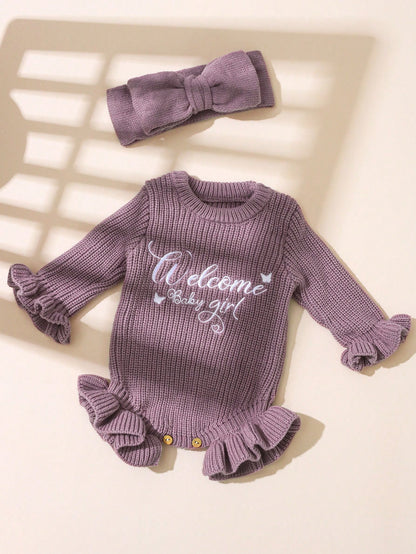 2Pcs Set Knitting Newborn Ruffle Romper With Bow Headband Butterfly "Welcome" Embroidery Newborn Baby Photography Outfits