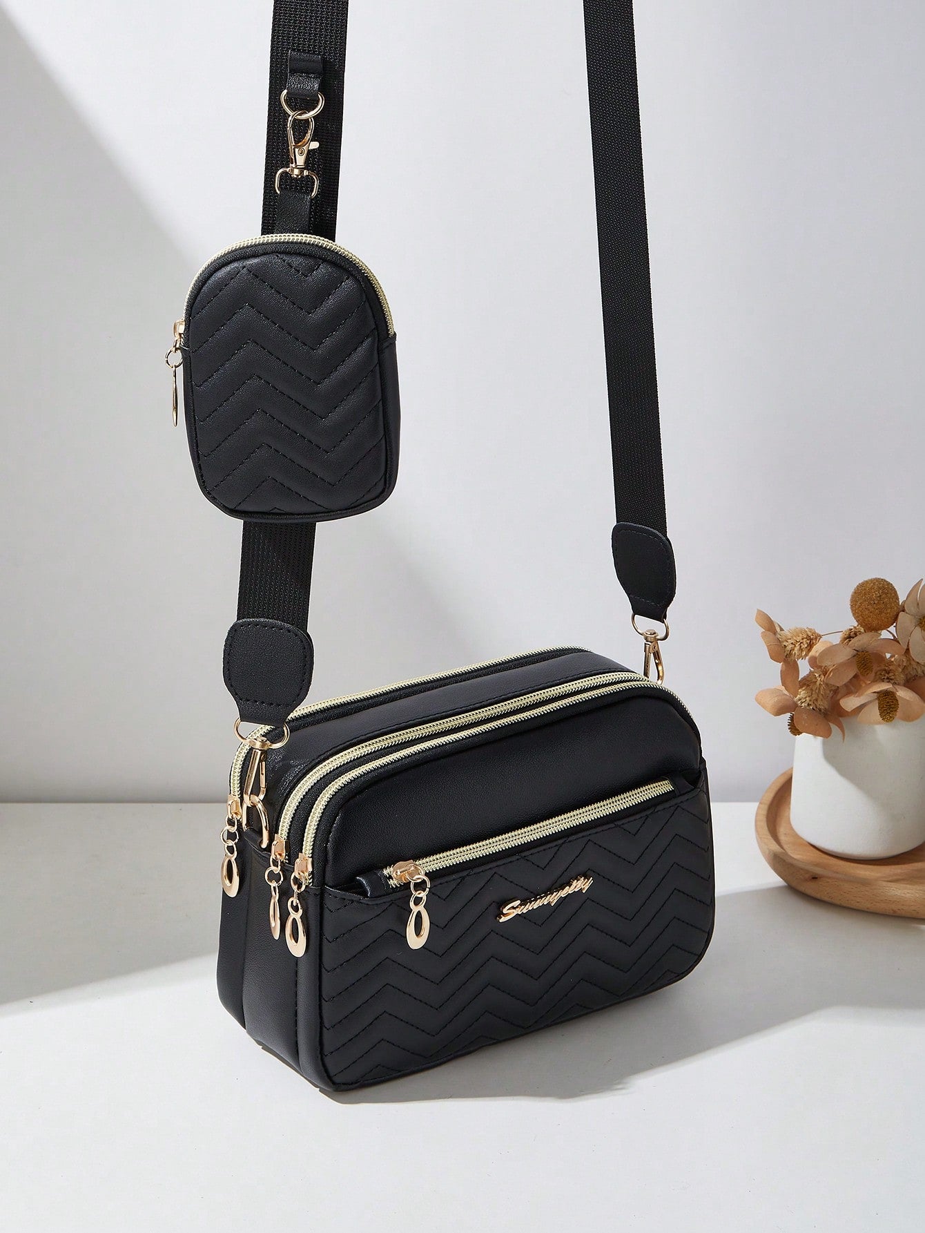 2pcs Set Quilted Multi-Layer Crossbody Bag, Shoulder Bag, Women's Bag With Charm, Small Bag