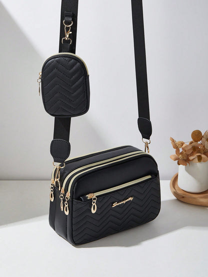 2pcs Set Quilted Multi-Layer Crossbody Bag, Shoulder Bag, Women's Bag With Charm, Small Bag