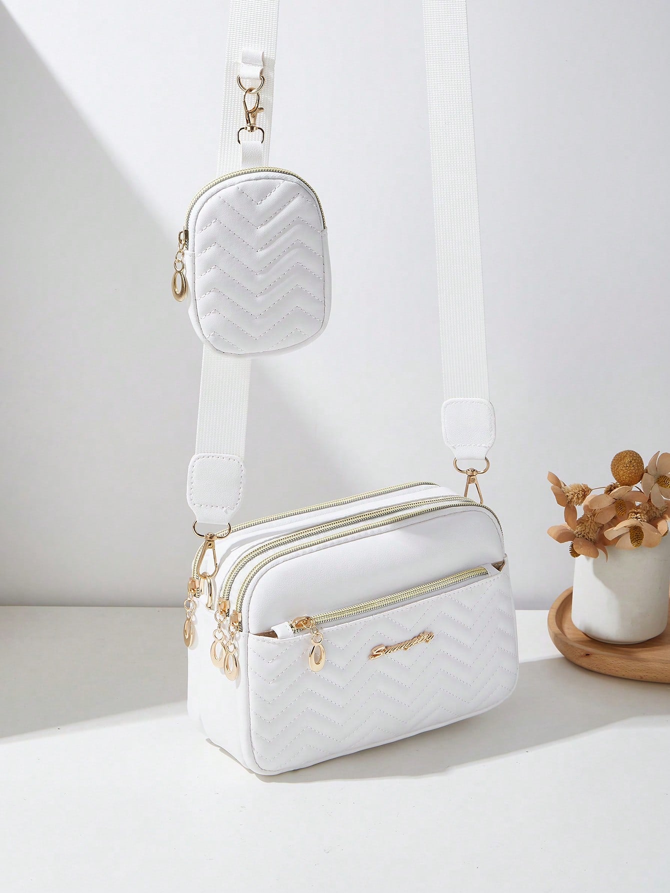 2pcs Set Quilted Multi-Layer Crossbody Bag, Shoulder Bag, Women's Bag With Charm, Small Bag
