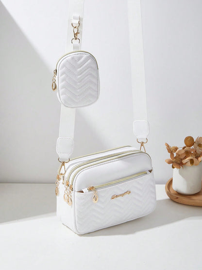 2pcs Set Quilted Multi-Layer Crossbody Bag, Shoulder Bag, Women's Bag With Charm, Small Bag