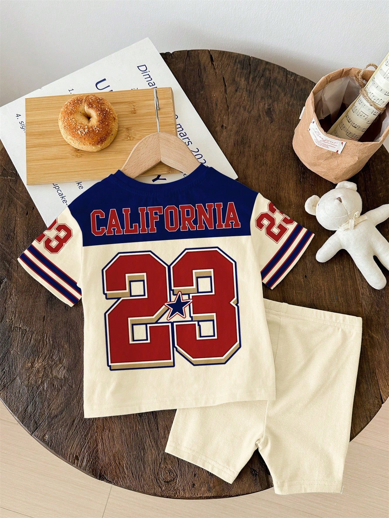 2pcs/Set Retro College Style Numeric 23 Print Loose T-Shirt&Skinny Bike Shorts,Rainbow,Summer,Casual,Vacation Y2K Back To School Clothes For Spring