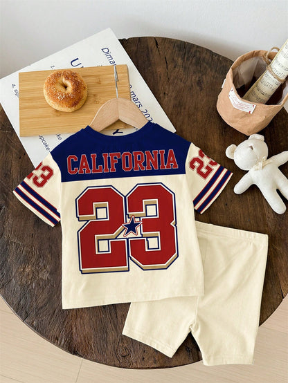 2pcs/Set Retro College Style Numeric 23 Print Loose T-Shirt&Skinny Bike Shorts,Rainbow,Summer,Casual,Vacation Y2K Back To School Clothes For Spring