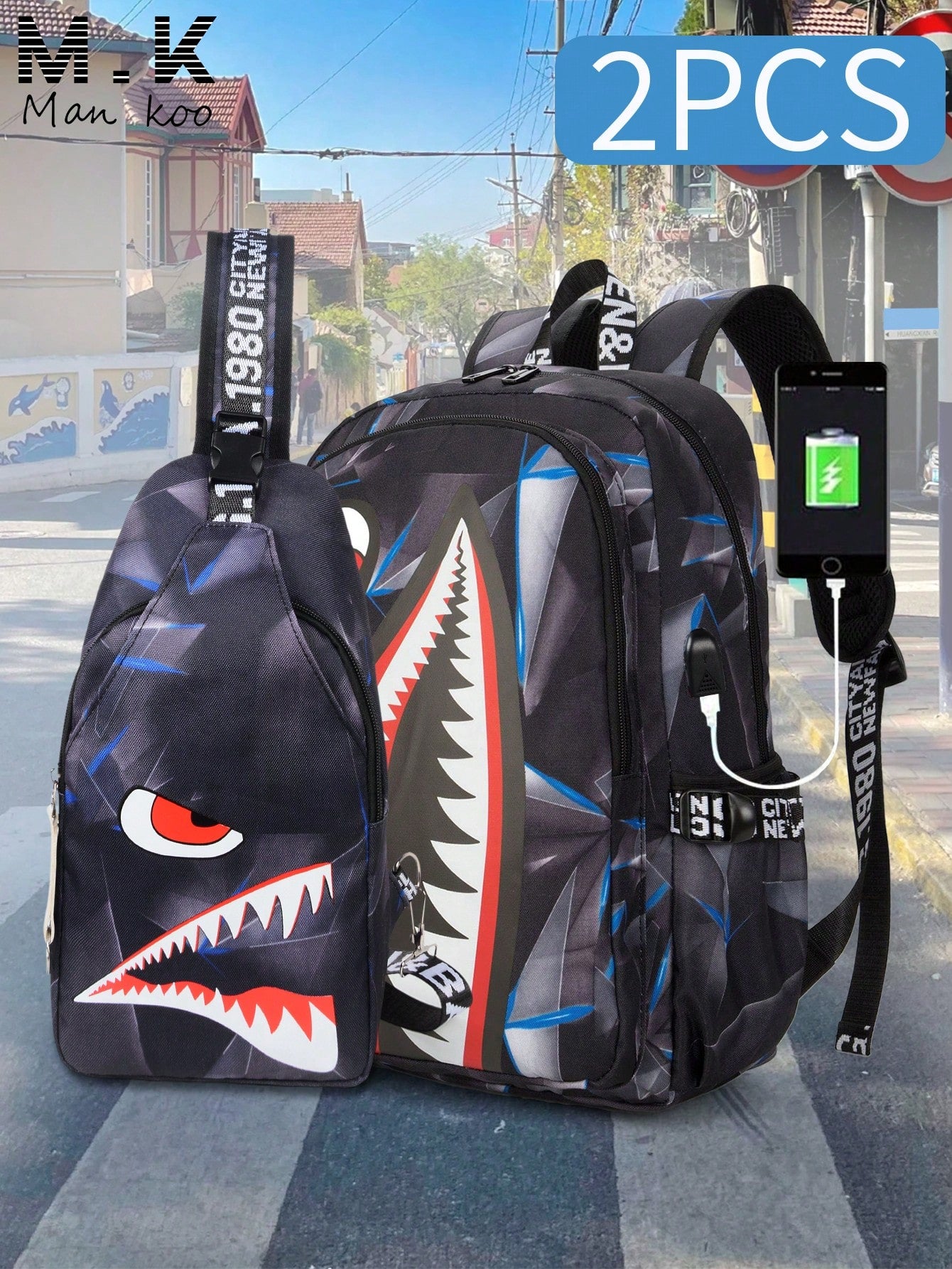 2pcs Shark Backpack + Chest Bag Set, Large Capacity Oversized Backpack, Personalized Full Print School Bag, Suitable For School, Travel, Vacation, Oxford Fabric Material, Back To School College Style