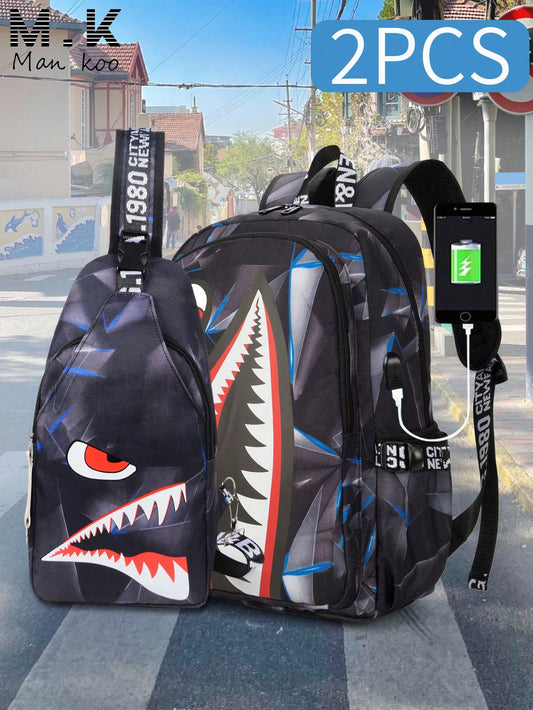 2pcs Shark Backpack + Chest Bag Set, Large Capacity Oversized Backpack, Personalized Full Print School Bag, Suitable For School, Travel, Vacation, Oxford Fabric Material, Back To School College Style
