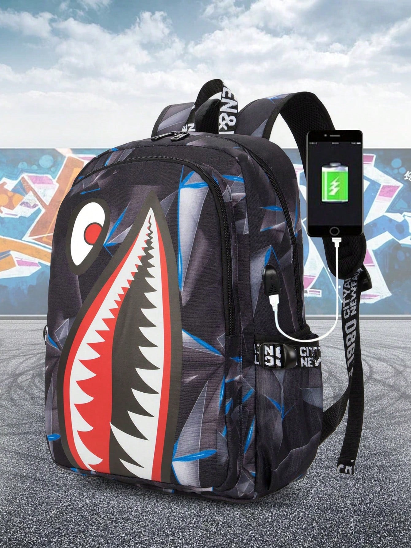2pcs Shark Backpack + Chest Bag Set, Large Capacity Oversized Backpack, Personalized Full Print School Bag, Suitable For School, Travel, Vacation, Oxford Fabric Material, Back To School College Style