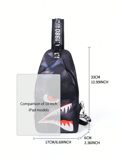 2pcs Shark Backpack + Chest Bag Set, Large Capacity Oversized Backpack, Personalized Full Print School Bag, Suitable For School, Travel, Vacation, Oxford Fabric Material, Back To School College Style