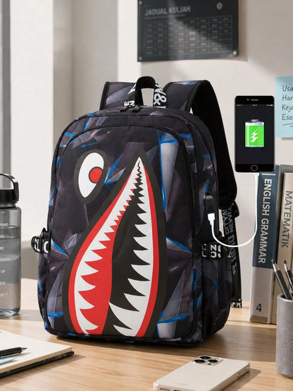 2pcs Shark Backpack + Chest Bag Set, Large Capacity Oversized Backpack, Personalized Full Print School Bag, Suitable For School, Travel, Vacation, Oxford Fabric Material, Back To School College Style