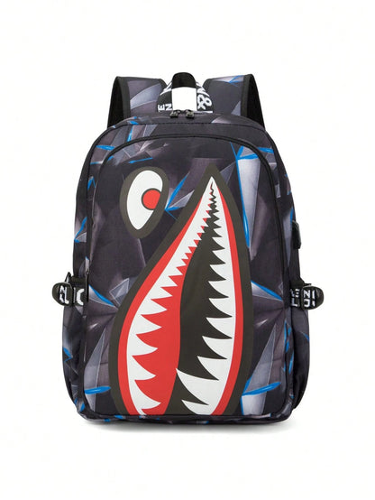 2pcs Shark Backpack + Chest Bag Set, Large Capacity Oversized Backpack, Personalized Full Print School Bag, Suitable For School, Travel, Vacation, Oxford Fabric Material, Back To School College Style