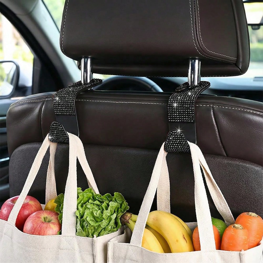 2pcs Shiny Car Seat Headrest Hooks, Crystal Diamond Car Bag/Handbag/Coat Hanging Rack, Car Interior Storage Organizer Accessories, Suitable For Women And Girls, Universal Fit