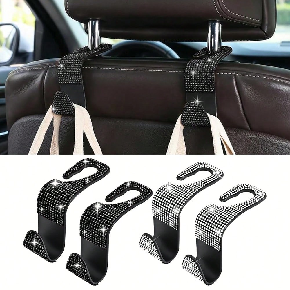 2pcs Shiny Car Seat Headrest Hooks, Crystal Diamond Car Bag/Handbag/Coat Hanging Rack, Car Interior Storage Organizer Accessories, Suitable For Women And Girls, Universal Fit