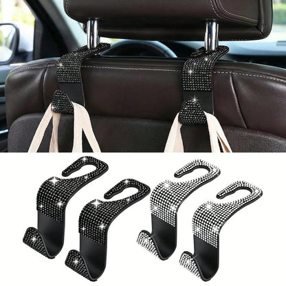 2pcs Shiny Car Seat Headrest Hooks, Crystal Diamond Car Bag/Handbag/Coat Hanging Rack, Car Interior Storage Organizer Accessories, Suitable For Women And Girls, Universal Fit
