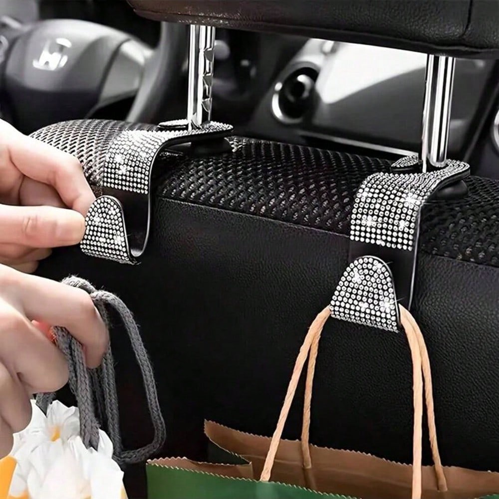 2pcs Shiny Car Seat Headrest Hooks, Crystal Diamond Car Bag/Handbag/Coat Hanging Rack, Car Interior Storage Organizer Accessories, Suitable For Women And Girls, Universal Fit