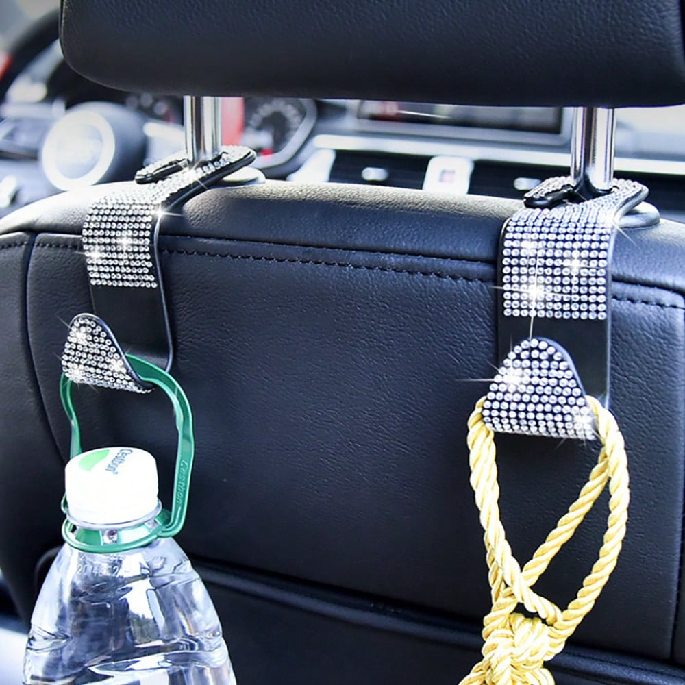2pcs Shiny Car Seat Headrest Hooks, Crystal Diamond Car Bag/Handbag/Coat Hanging Rack, Car Interior Storage Organizer Accessories, Suitable For Women And Girls, Universal Fit
