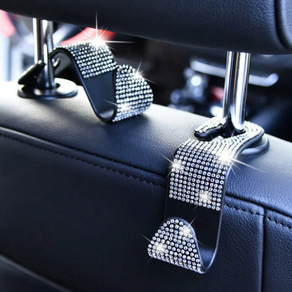 2pcs Shiny Car Seat Headrest Hooks, Crystal Diamond Car Bag/Handbag/Coat Hanging Rack, Car Interior Storage Organizer Accessories, Suitable For Women And Girls, Universal Fit
