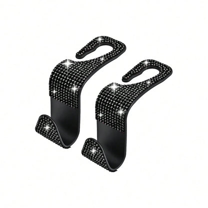 2pcs Shiny Car Seat Headrest Hooks, Crystal Diamond Car Bag/Handbag/Coat Hanging Rack, Car Interior Storage Organizer Accessories, Suitable For Women And Girls, Universal Fit