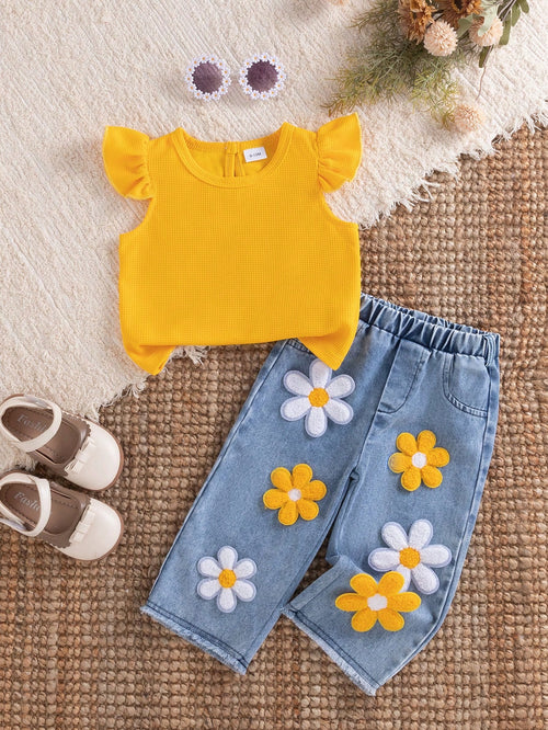 2pcs Summer Baby Girl Fashionable Street Style Sweet Purple Waffle Sleeveless Top Paired With Blue Pants, Purple & White Floral Decor, Suitable For Street, School, Daily Wear