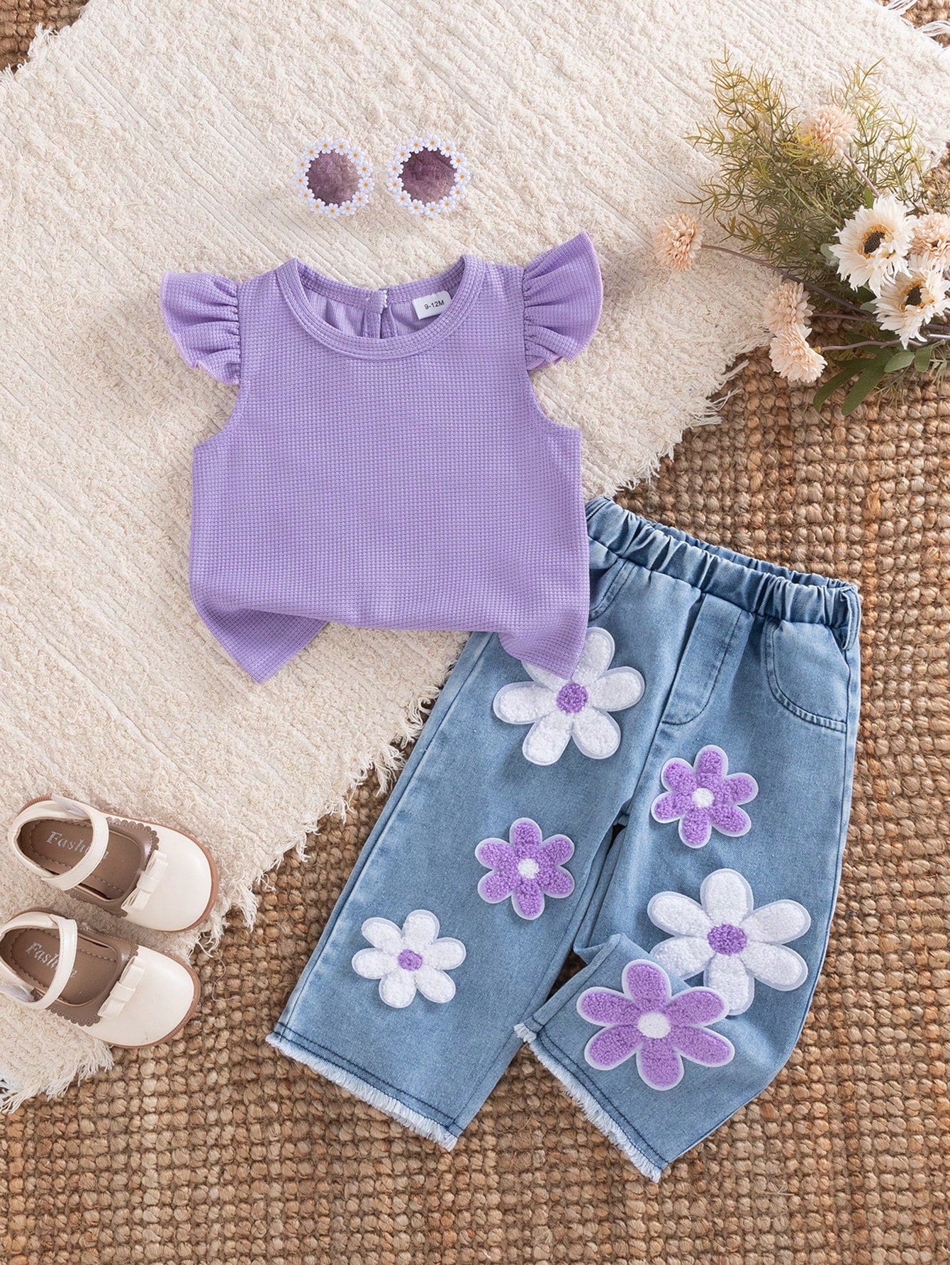 2pcs Summer Baby Girl Fashionable Street Style Sweet Purple Waffle Sleeveless Top Paired With Blue Pants, Purple & White Floral Decor, Suitable For Street, School, Daily Wear