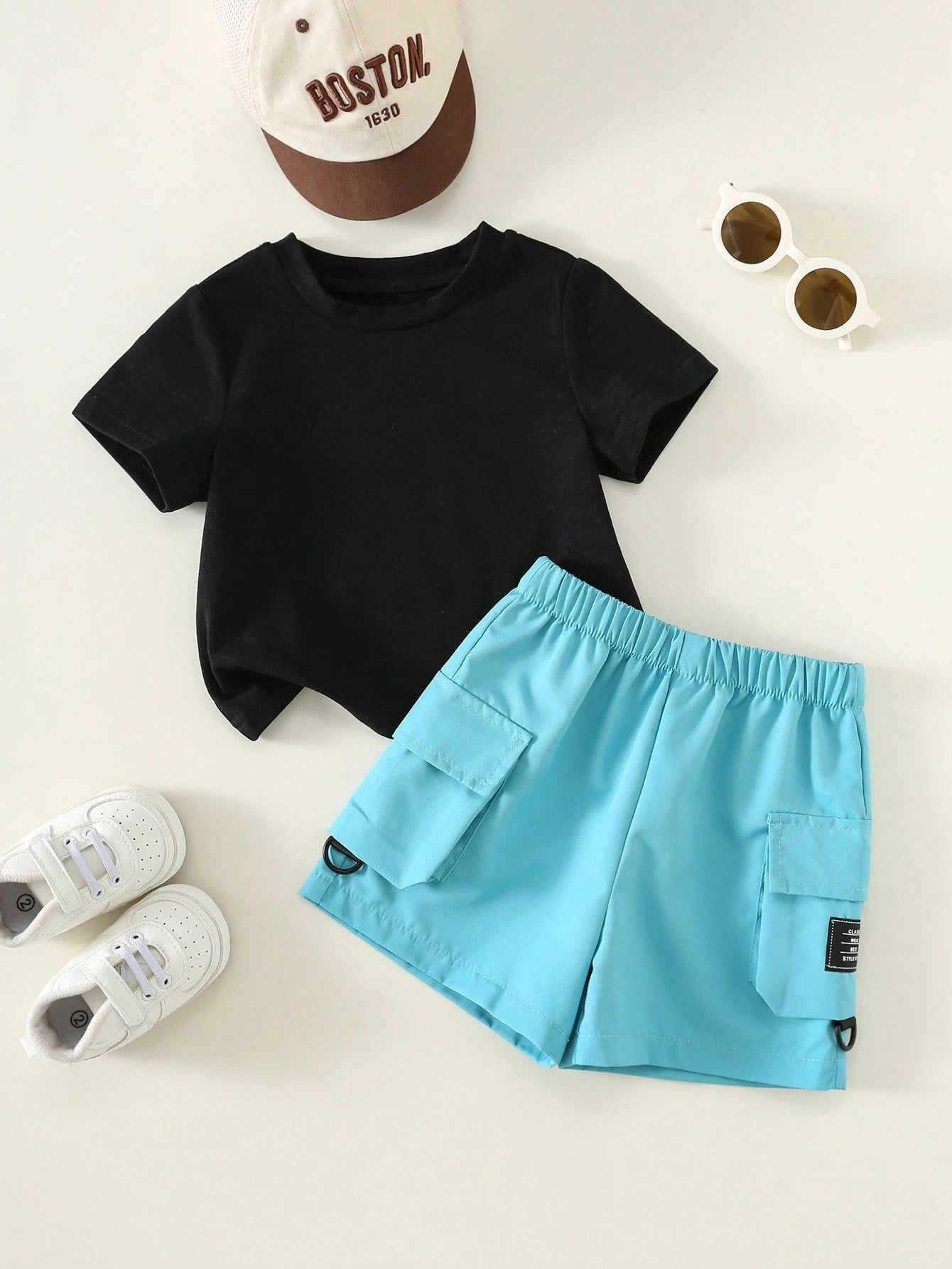 2pcs Unisex Baby Boy/Girl Casual Slogan Print Short Sleeve T-Shirt And Cargo Shorts Set, Baby Boy Outfit, Baby Boy Summer Clothes, Streetwear