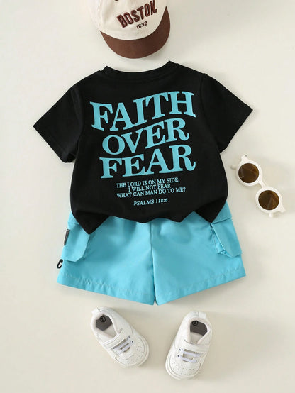 2pcs Unisex Baby Boy/Girl Casual Slogan Print Short Sleeve T-Shirt And Cargo Shorts Set, Baby Boy Outfit, Baby Boy Summer Clothes, Streetwear