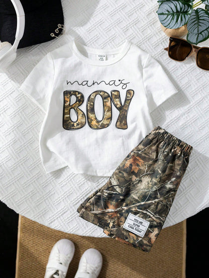 2pcs Unisex Baby Boy/Girl Casual Slogan Print Short Sleeve T-Shirt And Cargo Shorts Set, Baby Boy Outfit, Baby Boy Summer Clothes, Streetwear