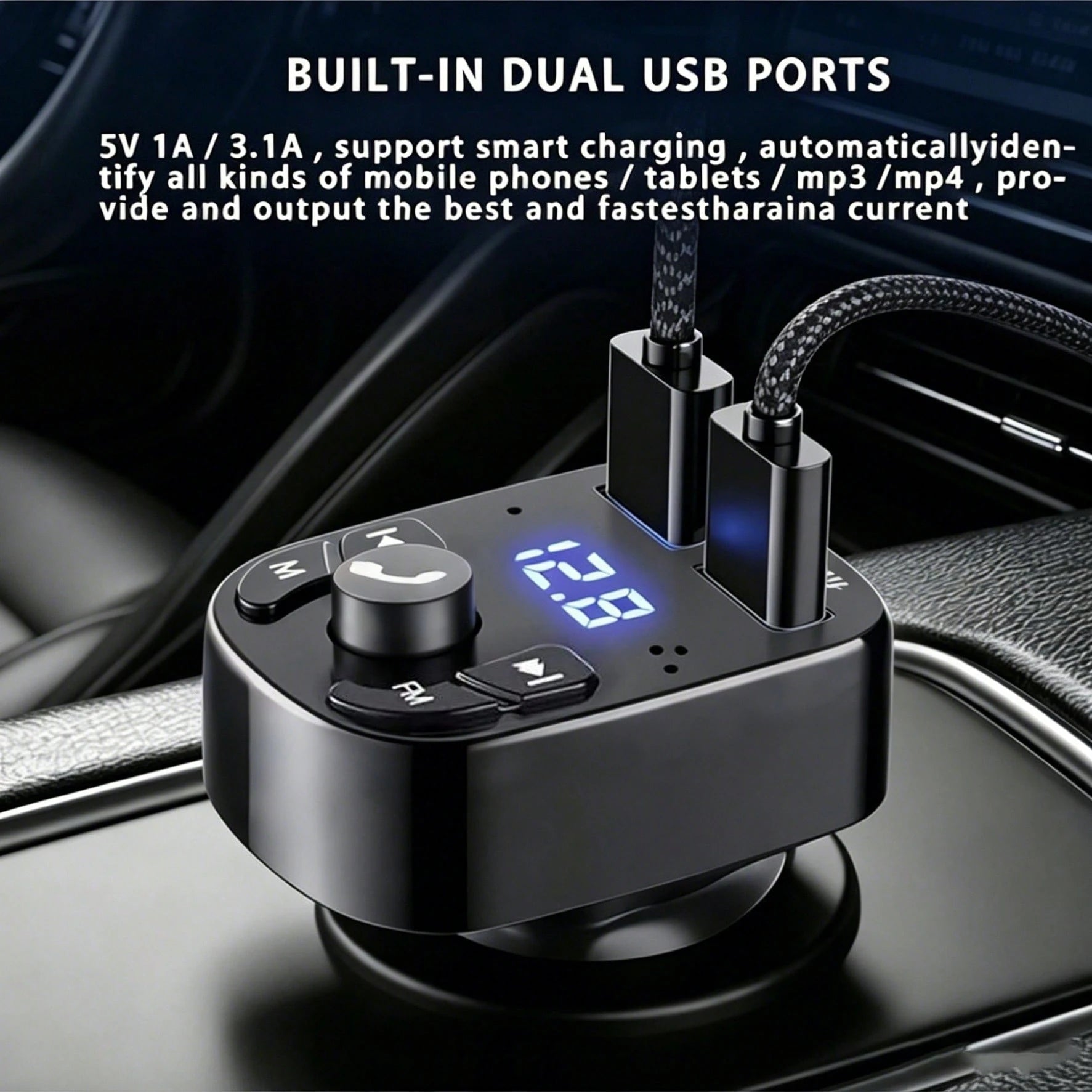 3.1A Car Audio MP3 Modulator Player, Audio Receiver With 2 USB Fast Charging Ports, Compatible With Apple, Android Phones, Laptops, Supports Fast Charging And Multi-Device, Compact Design For Efficien