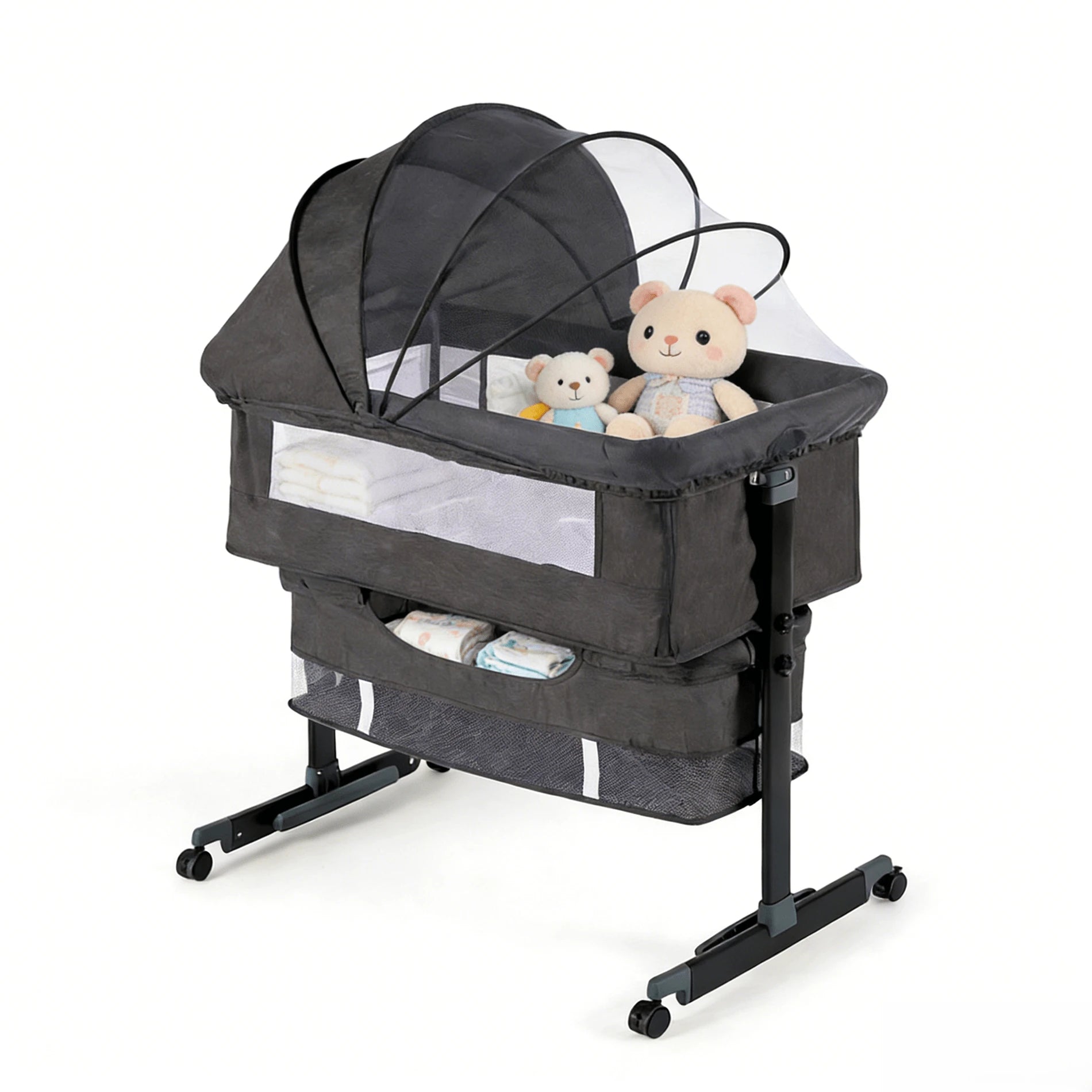 3-In-1 Baby Bassinet, Adjustable Bedside Bassinet With Comfy Mattress, Wheels, 6 Height Levels, Easy Folding Portable Crib For Newborns