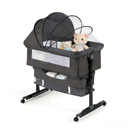 3-In-1 Baby Bassinet, Adjustable Bedside Bassinet With Comfy Mattress, Wheels, 6 Height Levels, Easy Folding Portable Crib For Newborns
