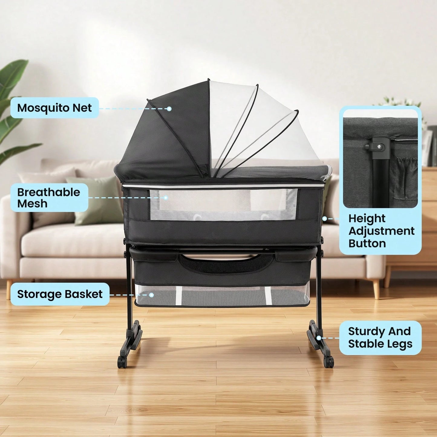 3-In-1 Baby Bassinet, Adjustable Bedside Bassinet With Comfy Mattress, Wheels, 6 Height Levels, Easy Folding Portable Crib For Newborns