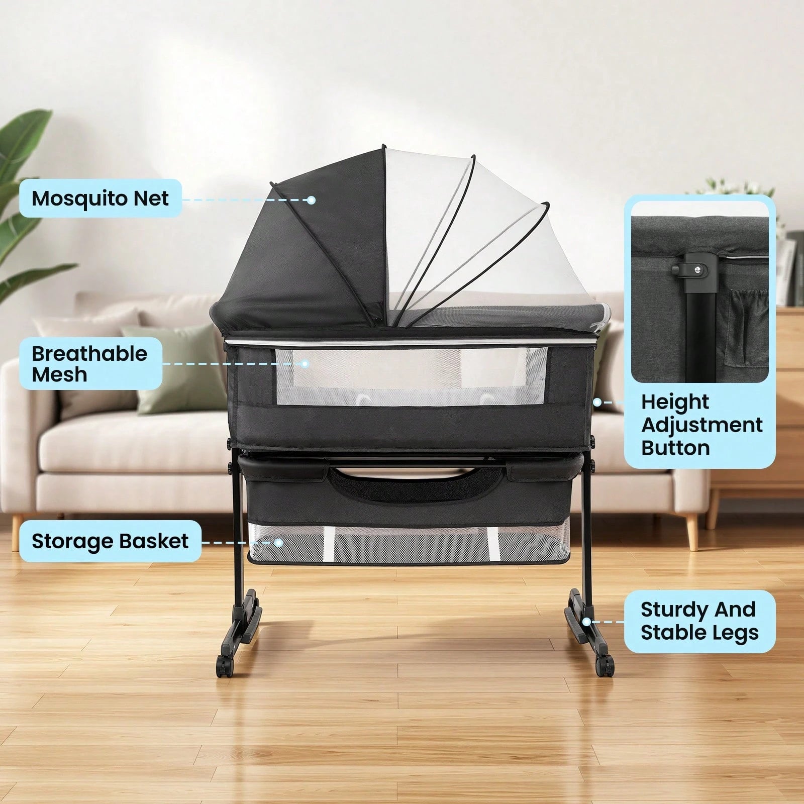 3-In-1 Baby Bassinet, Adjustable Bedside Bassinet With Comfy Mattress, Wheels, 6 Height Levels, Easy Folding Portable Crib For Newborns