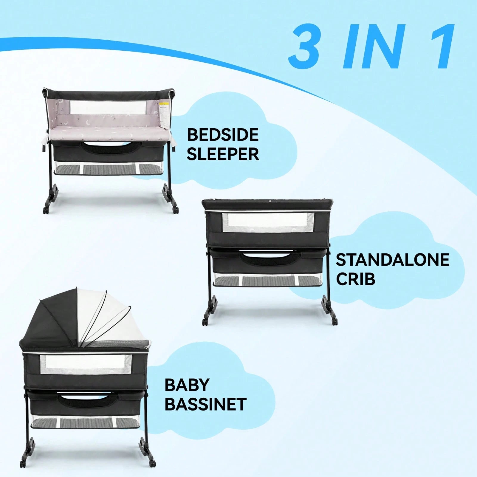 3-In-1 Baby Bassinet, Adjustable Bedside Bassinet With Comfy Mattress, Wheels, 6 Height Levels, Easy Folding Portable Crib For Newborns