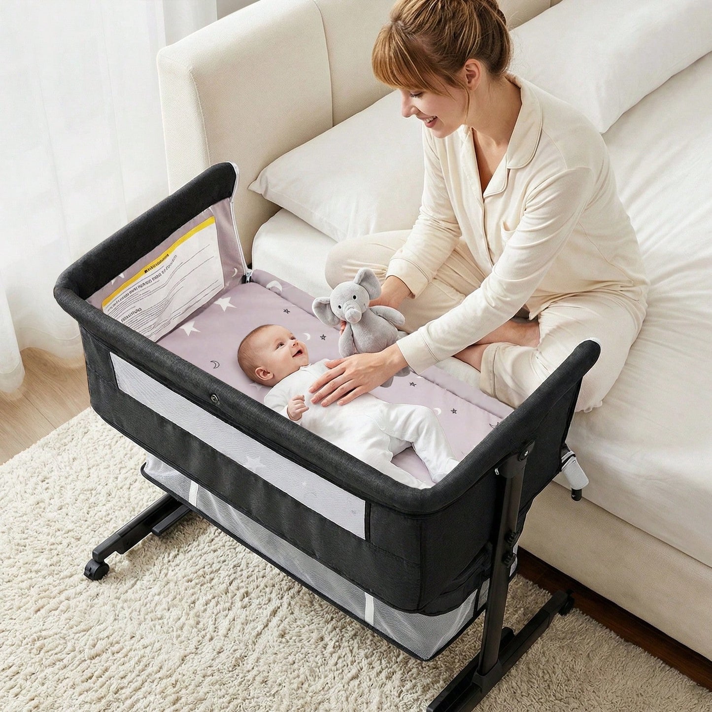 3-In-1 Baby Bassinet, Adjustable Bedside Bassinet With Comfy Mattress, Wheels, 6 Height Levels, Easy Folding Portable Crib For Newborns