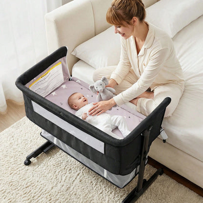 3-In-1 Baby Bassinet, Adjustable Bedside Bassinet With Comfy Mattress, Wheels, 6 Height Levels, Easy Folding Portable Crib For Newborns