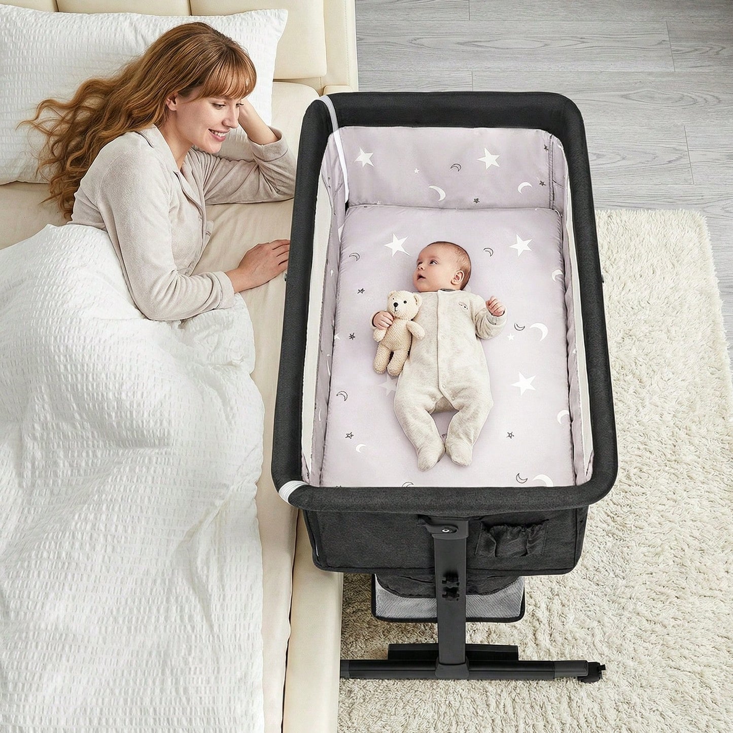 3-In-1 Baby Bassinet, Adjustable Bedside Bassinet With Comfy Mattress, Wheels, 6 Height Levels, Easy Folding Portable Crib For Newborns