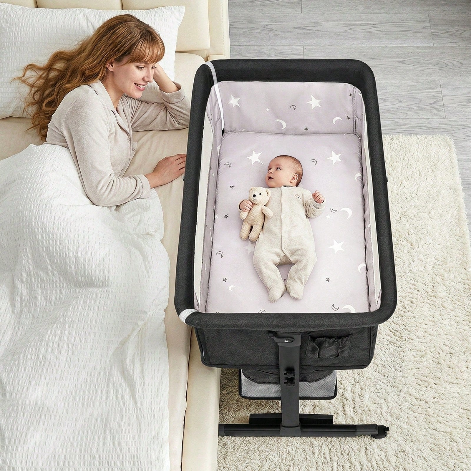3-In-1 Baby Bassinet, Adjustable Bedside Bassinet With Comfy Mattress, Wheels, 6 Height Levels, Easy Folding Portable Crib For Newborns