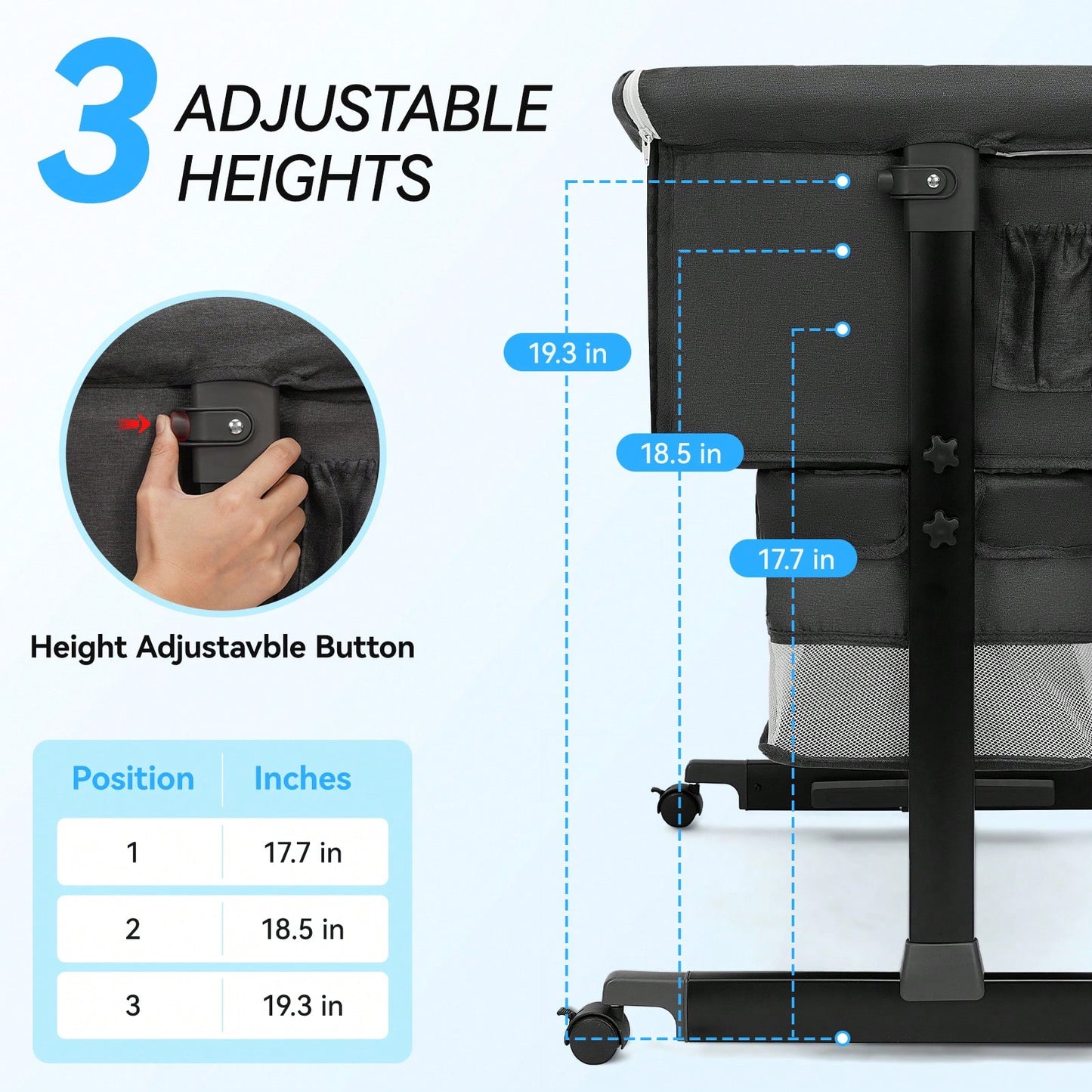 3-In-1 Baby Bassinet, Adjustable Bedside Bassinet With Comfy Mattress, Wheels, 6 Height Levels, Easy Folding Portable Crib For Newborns