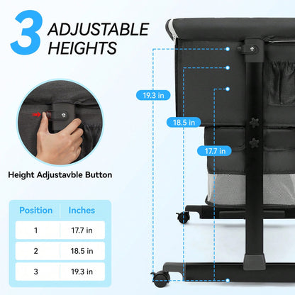 3-In-1 Baby Bassinet, Adjustable Bedside Bassinet With Comfy Mattress, Wheels, 6 Height Levels, Easy Folding Portable Crib For Newborns
