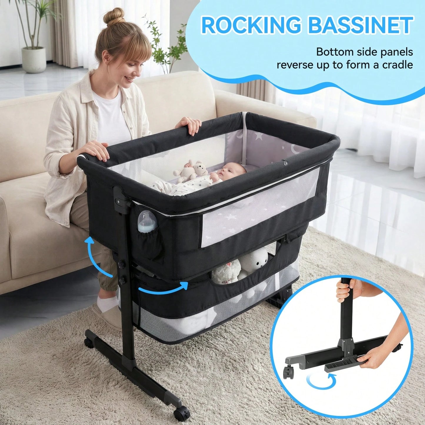 3-In-1 Baby Bassinet, Adjustable Bedside Bassinet With Comfy Mattress, Wheels, 6 Height Levels, Easy Folding Portable Crib For Newborns