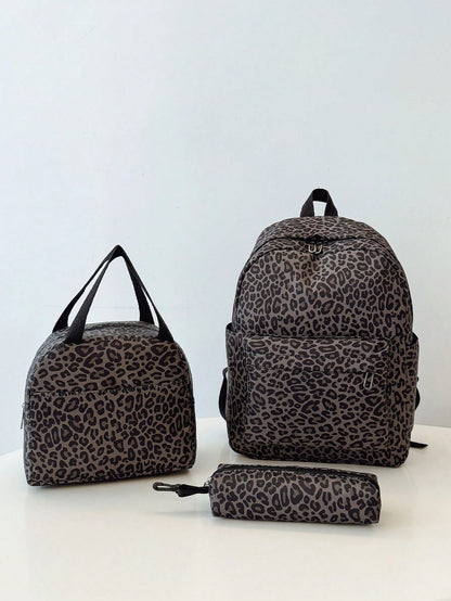 3-In-1 Casual Leopard Print Backpack Set, Includes Backpack, Lunch Bag, Crossbody Bag And Pencil Case, With Laptop Compartment, Multi-Pocket, Large Capacity, Suitable For Daily Use/Vacation/Travel/Bac