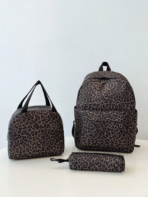 3-In-1 Casual Leopard Print Backpack Set, Includes Backpack, Lunch Bag, Crossbody Bag And Pencil Case, With Laptop Compartment, Multi-Pocket, Large Capacity, Suitable For Daily Use/Vacation/Travel/Bac