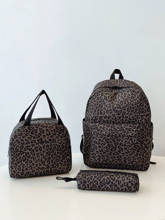 3-In-1 Casual Leopard Print Backpack Set, Includes Backpack, Lunch Bag, Crossbody Bag And Pencil Case, With Laptop Compartment, Multi-Pocket, Large Capacity, Suitable For Daily Use/Vacation/Travel/Bac