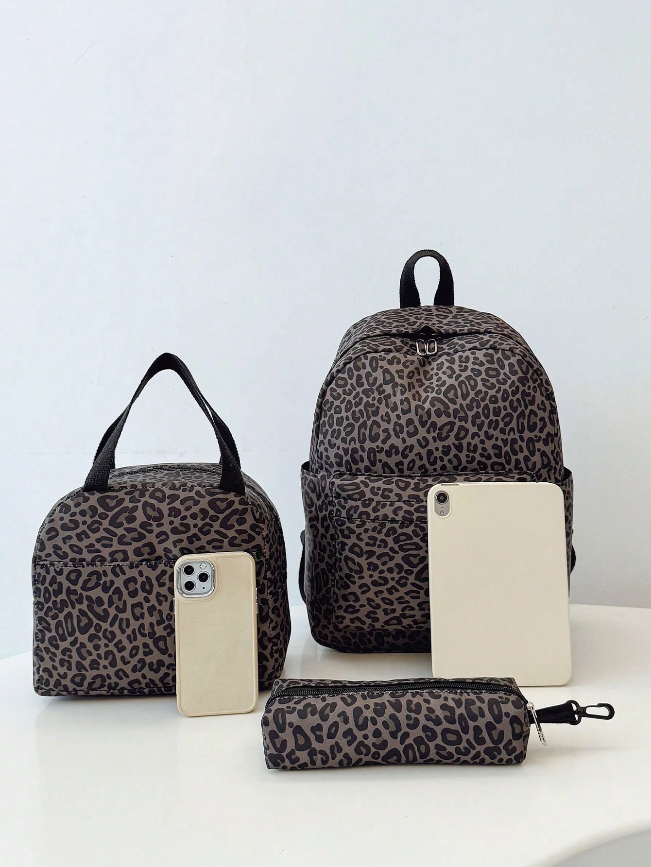 3-In-1 Casual Leopard Print Backpack Set, Includes Backpack, Lunch Bag, Crossbody Bag And Pencil Case, With Laptop Compartment, Multi-Pocket, Large Capacity, Suitable For Daily Use/Vacation/Travel/Bac