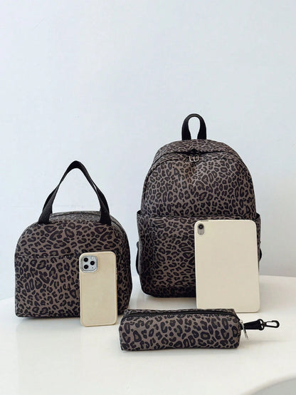 3-In-1 Casual Leopard Print Backpack Set, Includes Backpack, Lunch Bag, Crossbody Bag And Pencil Case, With Laptop Compartment, Multi-Pocket, Large Capacity, Suitable For Daily Use/Vacation/Travel/Bac