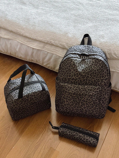 3-In-1 Casual Leopard Print Backpack Set, Includes Backpack, Lunch Bag, Crossbody Bag And Pencil Case, With Laptop Compartment, Multi-Pocket, Large Capacity, Suitable For Daily Use/Vacation/Travel/Bac